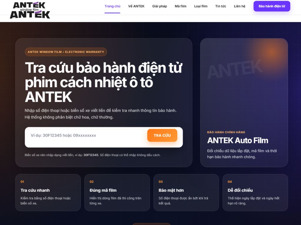 Bảo hành điện tử phim cách nhiệt xe hơi ANTEK