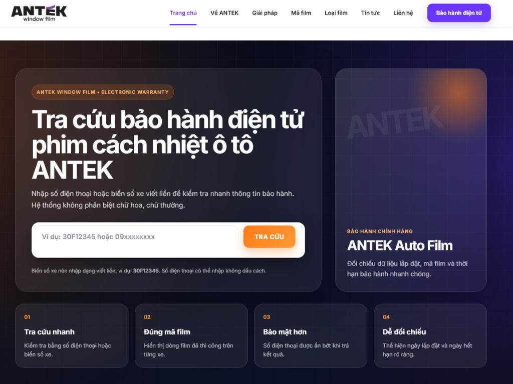 Bảo hành điện tử xác thực phim ANTEK chính hãng
